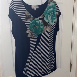 Blue and White Asymmetrical Cap Sleeve T-Shirt